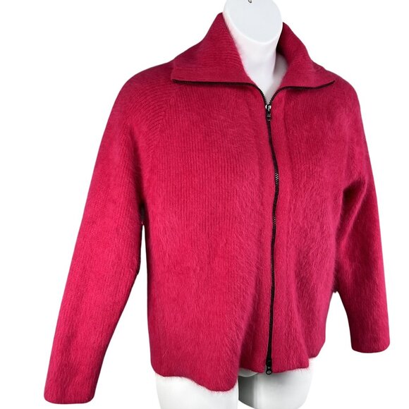 Vintage VENESHA Womens L 80% Angora Fuzzy Fuchsia Zip Sweater Jacket Old Money - Picture 6 of 16